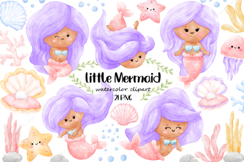 Preview of Little Mermaid Clipart, Mermaid Clipart, Cute Mermaid Clipart, Sea life Clipart