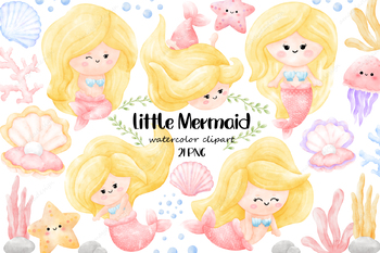 Preview of Little Mermaid Clipart, Mermaid Clipart, Cute Mermaid Clipart, Sea life Clipart