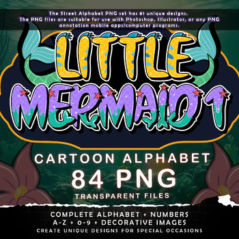 Preview of Little Mermaid V1 Graffiti Alphabet Font, 84 PNG Transparent Files
