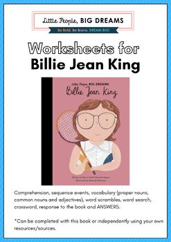 Preview of BILLIE JEAN KING, Little People, Big Dreams – BILLIE JEAN KING book, Worksheets