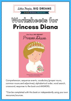 Preview of PRINCESS DIANA, Little People, Big Dreams – PRINCESS DIANA book, Worksheets