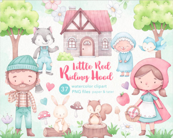 Preview of Little Red Riding Hood Watercolor Clipart, Woodland Fairy Tale PNG