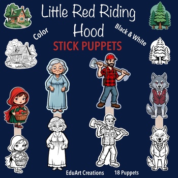 Preview of Little Red Riding Hood TEACHER STICK PUPPETS story telling, 18 puppets!