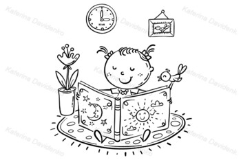 girl reading book clipart black and white