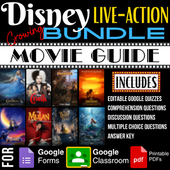 Preview of DISNEY LIVE-ACTION Movies Bundle Guides Worksheet Activities Google Forms Quiz