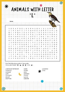 Preview of Lively Animals Word Search Puzzle - Animals with letter L