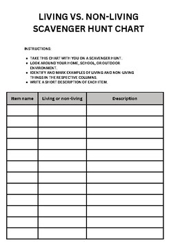 Preview of Living vs. Non-Living  Scavenger Hunt Chart:Worksheet