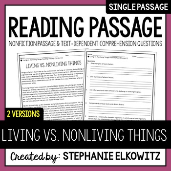 Preview of Living vs. Nonliving Things Reading Passage | Printable & Digital