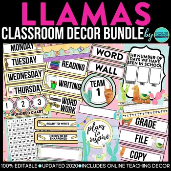 Preview of Llama Theme Classroom Decor Bundle Editable Printable Llama Cactus Cacti Pack