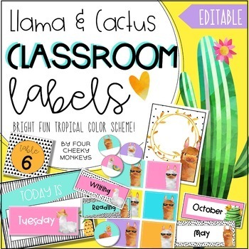 Preview of Tropical Bright Llama and Cactus Classroom Decor Editable Labels