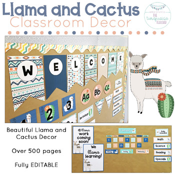 Preview of Llama Classroom Decor Fully Editable Theme Cactus Decor