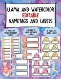 Name Tags and Labels-Llama and Watercolor Themed-Editable