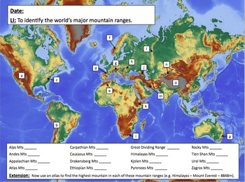 physical map of world mountain ranges
