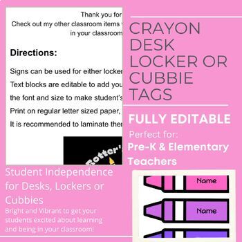 Preview of Locker, Cubbie, Desk Signs in Crayon Aesthetic - Fully Editable  