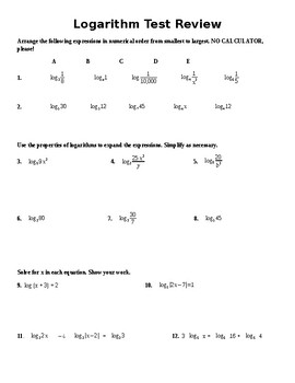 Preview of Logarithm Test Review