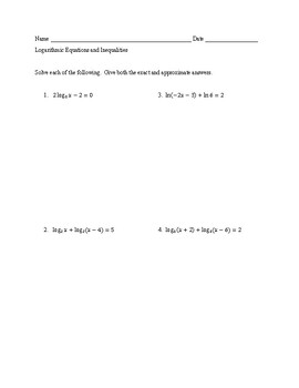 Preview of Logarithmic Equations and Inequalities with Answer Key