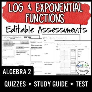Preview of Logarithmic and Exponential Functions Assessments | Quizzes | Study Guide | Test