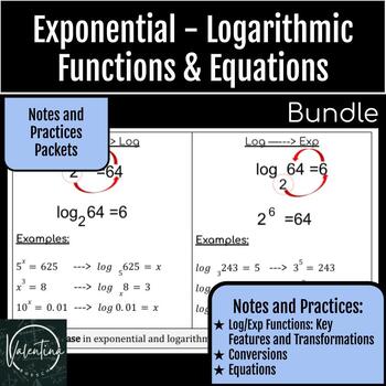 Preview of Logarithmic and Exponential Functions, Conversions and Equations Bundle