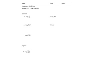Preview of Logarithms Quick Quiz No Calculator Version A