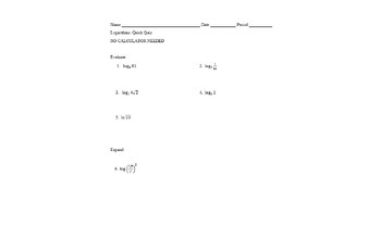 Preview of Logarithms Quick Quiz No Calculator Version B