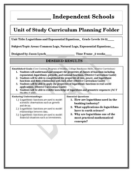 Preview of Logarithms Unit Plan