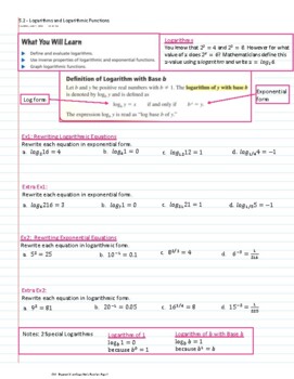 Preview of Logarithms and Logarithmic Functions - guided notes (5.2)