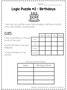Logic Puzzles Critical Thinking Activities by Mrs Thompson ...