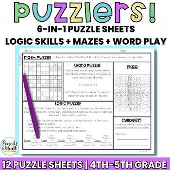 Preview of Logic & Word Puzzles for 4th & 5th Grade | Printable Math Enrichment Activities