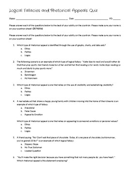Logical Fallacies and Rhetorical Appeals Quiz (with answer key) (EDITABLE)