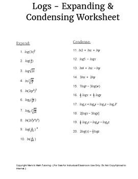 Expanding And Condensing Logarithms Worksheet Precalculus - Janel Star