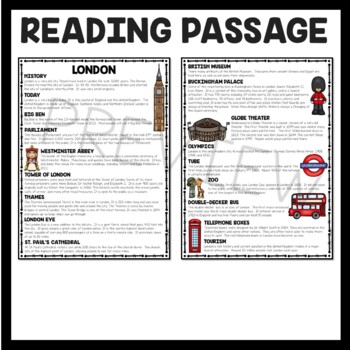 London, England Reading Comprehension Worksheet Big Ben Europe | TpT