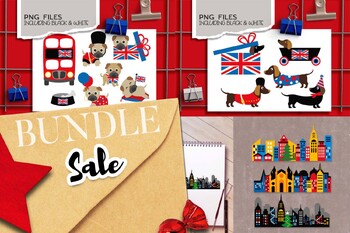 Preview of London dog clipart bundle (pug, dachshund, buildings)