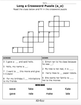 Long A Crossword Puzzles (a e) by Multiple Sizes to Fit All TPT