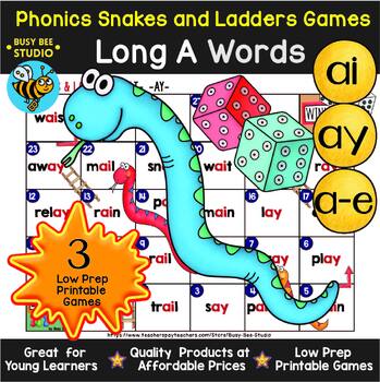 Preview of LONG A GAMES SNAKES & LADDERS VOWEL TEAMS AI AY A_E PHONICS 1ST GRADE ACTIVITIES