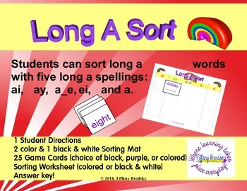 Preview of Long A Rainbow Sort with Spelling Patterns: ai, ay, a_e, ei, a Literacy Center