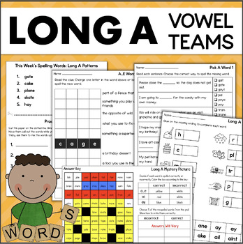 Preview of Long A Spelling Patterns Worksheets and Activities Vowel Teams AI AY Silent E