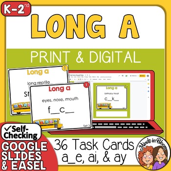 Preview of Long A Task Cards: 36 cards to practice a__e, ai, and ay - + Self-Check Digital