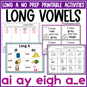 Preview of Long A Vowel Team Worksheets - Vowel Digraphs ai, ay, eigh & CVCe Activities