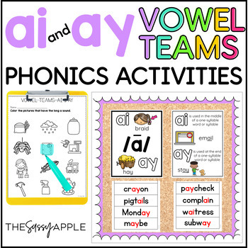 Preview of Long A Vowel Teams Activities | AI AY Worksheets | Vowel Digraph Literacy Center