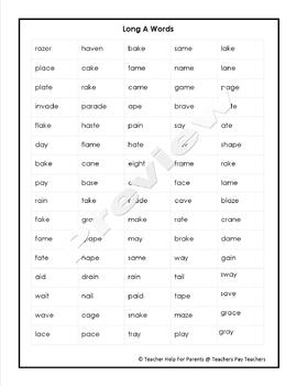Preview of FREE Long A Word List Printable - 80 Words!