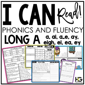 Preview of Long A (a, ai, a_e, ay, eigh, ea, ey) Decodable Phonics Activities | I Can Read