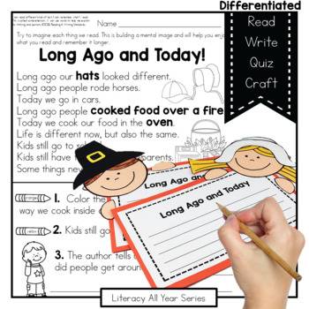 Preview of Thanksgiving / Long Ago & Today - Literacy and Craft