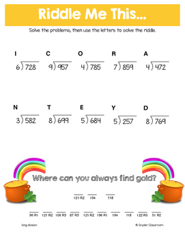 St. Patrick's Day Long Division Math Riddles by Snyder Classroom