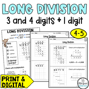 Preview of Long Division With 1 Digit Divisors - Long Division Worksheets and Poster