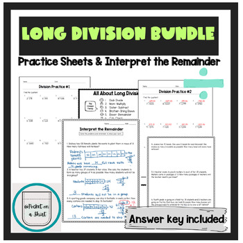 Long Division Algorithm and Word Problem Bundle by Pocket on a Shirt