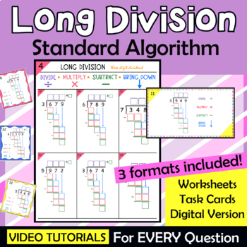 Preview of Long Division Color Coded Guided Worksheets with templates, + Digital