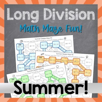 Preview of Long Division Fun Math Maze Activity with Summer Theme