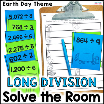 Preview of Long Division Games with 1 Digit Divisors - Solve the Room - Earth Day Math