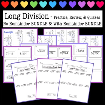 Preview of Long Division - No Remainder & With Remainder BUNDLE - Practice,Review,Quizzes