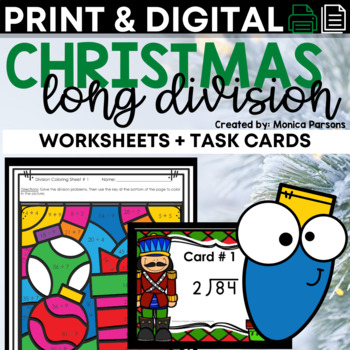 Preview of Long Division Practice | Christmas | Task Cards | Print and Digital